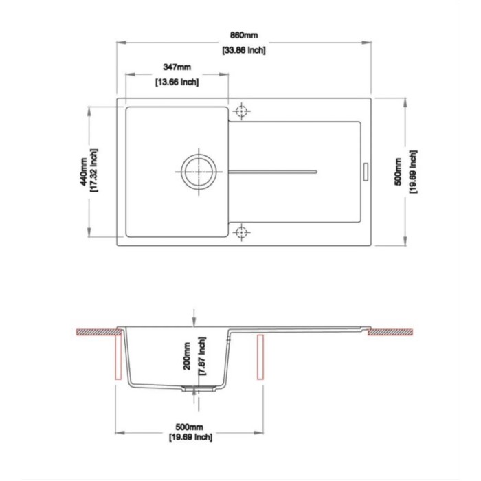 Disegno tecnico: Lavello in acciaio inox con dimensioni (lunghezza 860mm, larghezza 500mm).