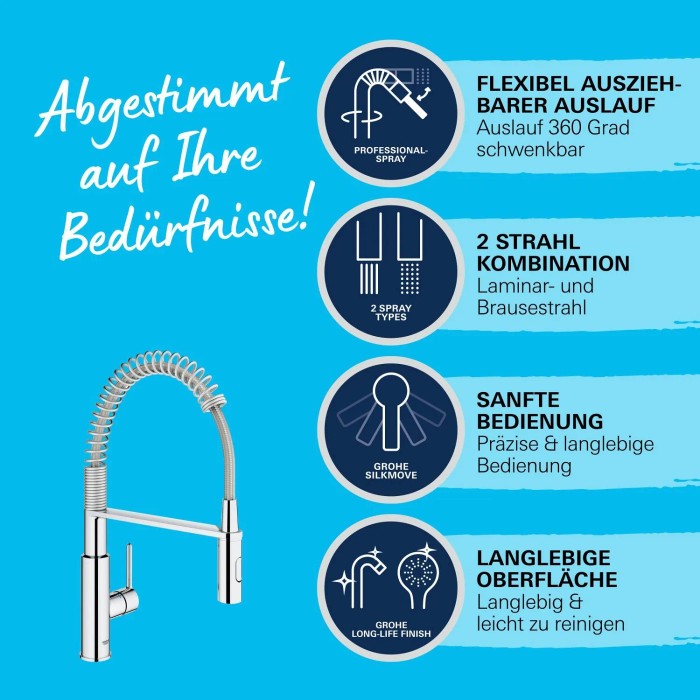 Miscelatore cucina Grohe QuickFix Get Chrome con doccetta estraibile e due getti.