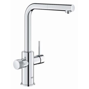 Miscelatore monocomando cucina Grohe Blue Pure argento con bocca alta e maniglia separata per acqua filtrata.