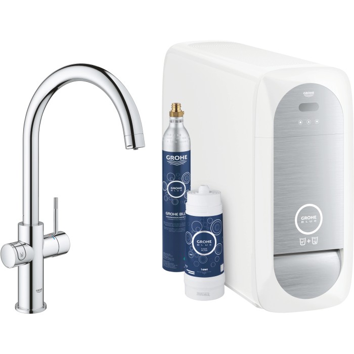 Miscelatore cucina Grohe Blue Home cromato con filtro, bombola CO2 e refrigeratore.