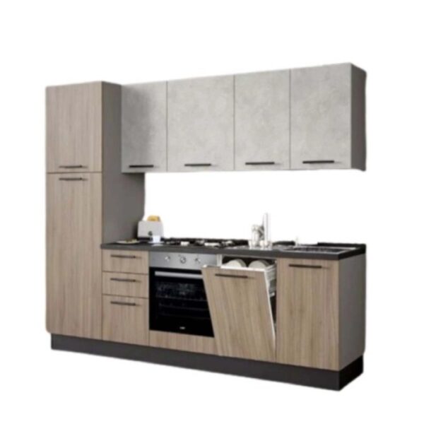 Cucina componibile moderna e luminosa con pensili e basi in legno e effetto cemento.