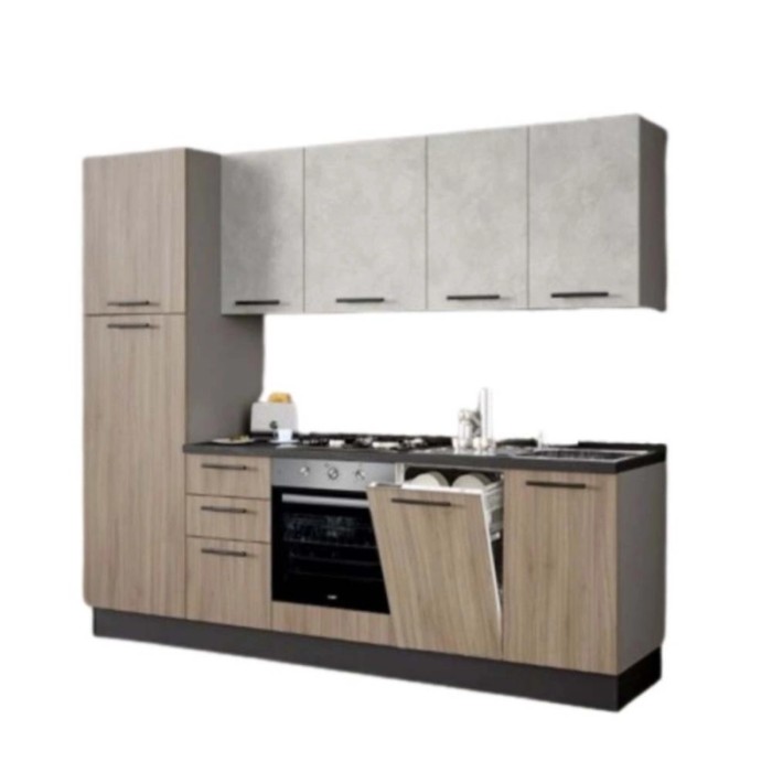 Cucina componibile moderna e luminosa con pensili e basi in legno e effetto cemento.