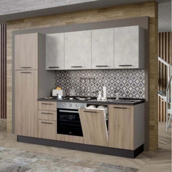 Cucina componibile moderna in grigio ed effetto legno con lavastoviglie e pensili.