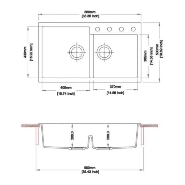 Schizzo lavello: Lavello in acciaio inox con dimensioni e viste per montaggio e installazione.