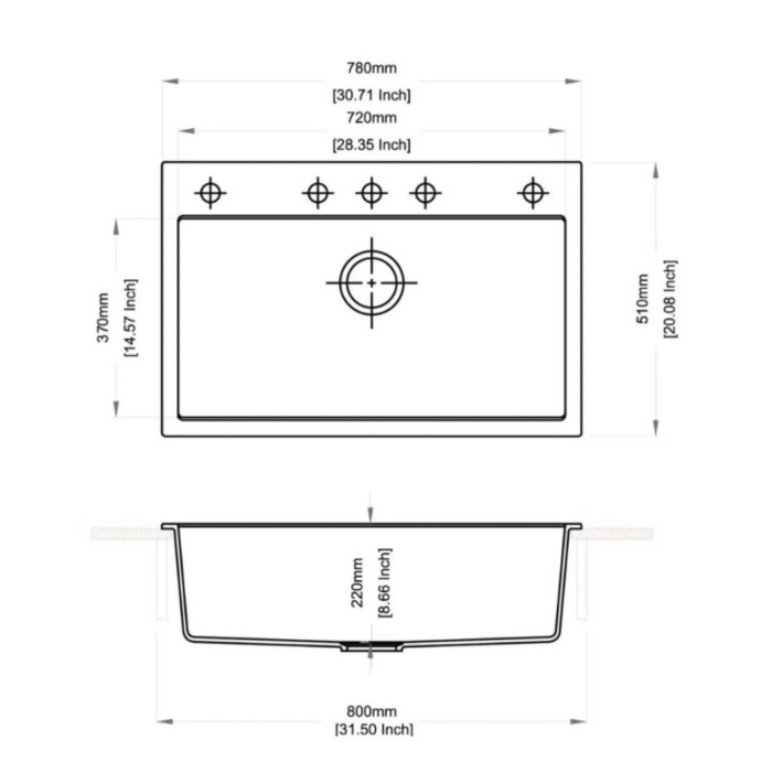 Schizzo di un lavello in acciaio inox con dimensioni.