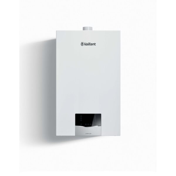 Caldaia a condensazione a gas Vaillant, riscaldatore bianco a parete.