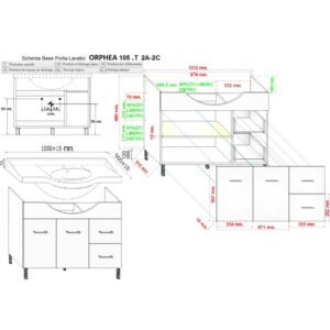 Disegno tecnico mobile bagno Orphea 105-T 2A-2C con dimensioni per arredo bagno.