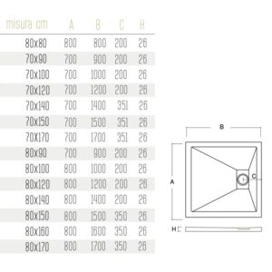 Disegno tecnico di un piatto doccia t.b.t. con dimensioni.