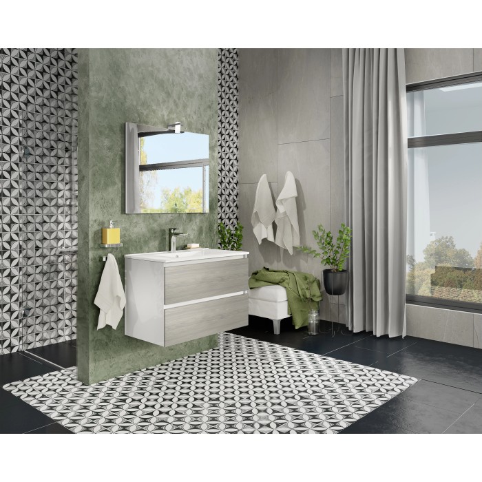 Bagno moderno con mobile lavabo grigio e specchio. Arredo bagno di design.