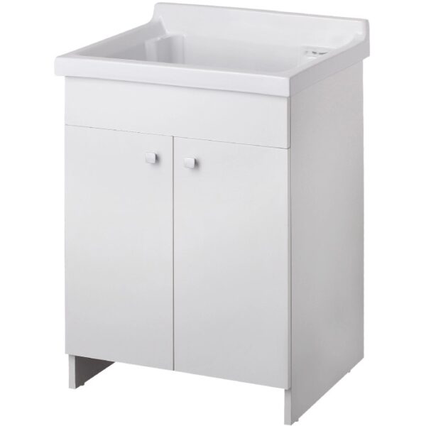 Mobile lavabo bianco con lavabo e due ante.