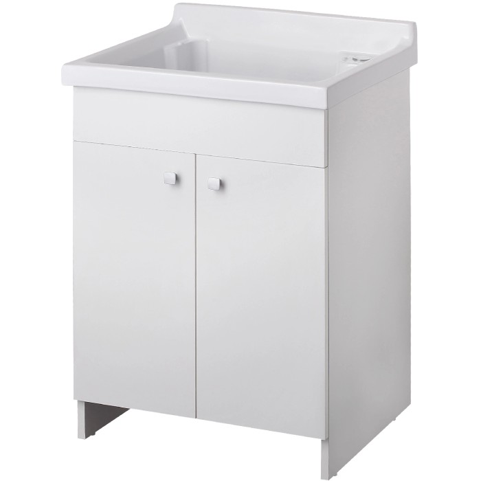 Mobile lavabo bianco con lavabo e due ante.