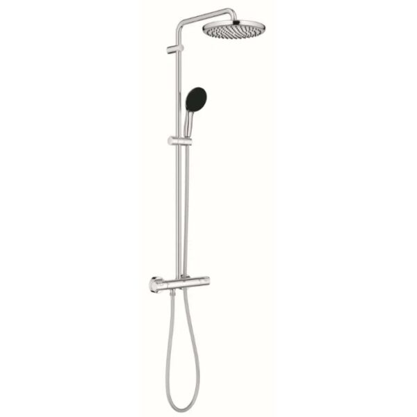 Sistema doccia Grohe Vitalio Start 250, cromo, con soffione e doccetta, termostato e asta doccia.