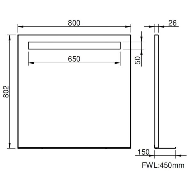 Disegno tecnico dello specchio da parete t.b.t. con dimensioni.