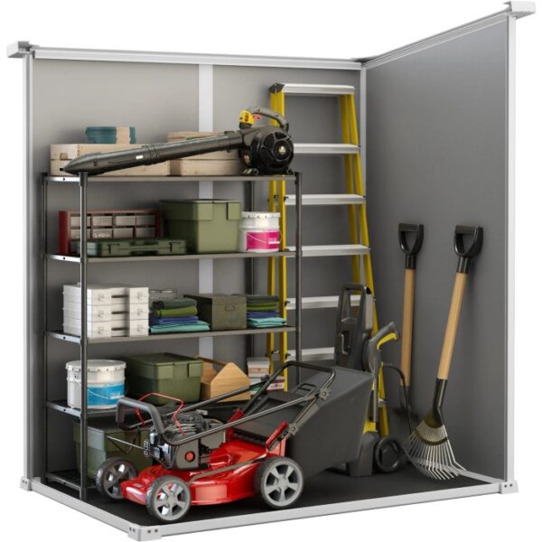 Casetta Keter antracite 1.8m² con attrezzi da giardino e scaffali. Casetta da giardino in plastica per rimessaggio.