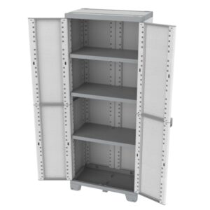 Armadio portautensili t.b.t. grigio aperto con quattro ripiani.