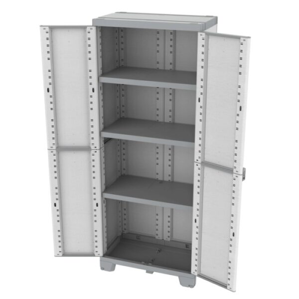 Armadio portautensili t.b.t. grigio aperto con quattro ripiani.