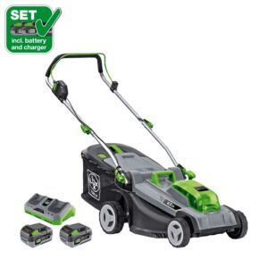 Set tosaerba a batteria LUX con 2 batterie e caricabatterie, larghezza taglio 43 cm.