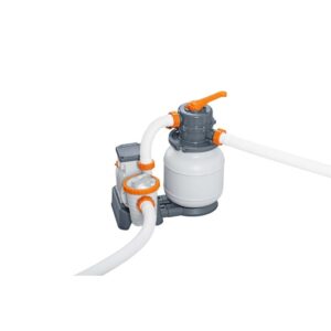 Pompa filtro a sabbia Bestway con timer, 5.678 l/h, per piscine. Sistema di filtraggio grigio/bianco con tubi.