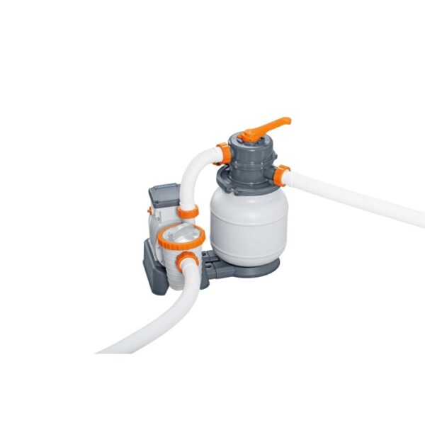 Pompa filtro a sabbia Bestway con timer, 5.678 l/h, per piscine. Sistema di filtraggio grigio/bianco con tubi.