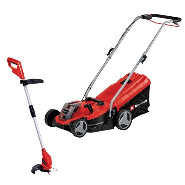 Set tagliaerba a batteria e tagliaerba a batteria Einhell, rosso e nero.
