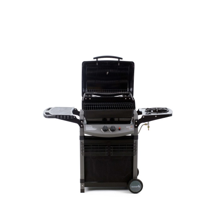 Barbecue a gas t.b.t. con ripiani e coperchio aperto.