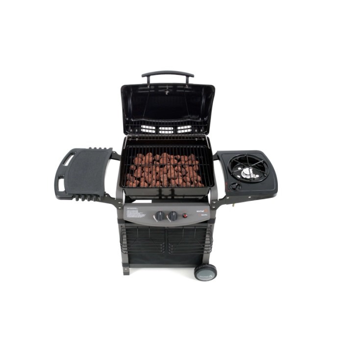 Barbecue a gas con fornello laterale e cibo sulla griglia.