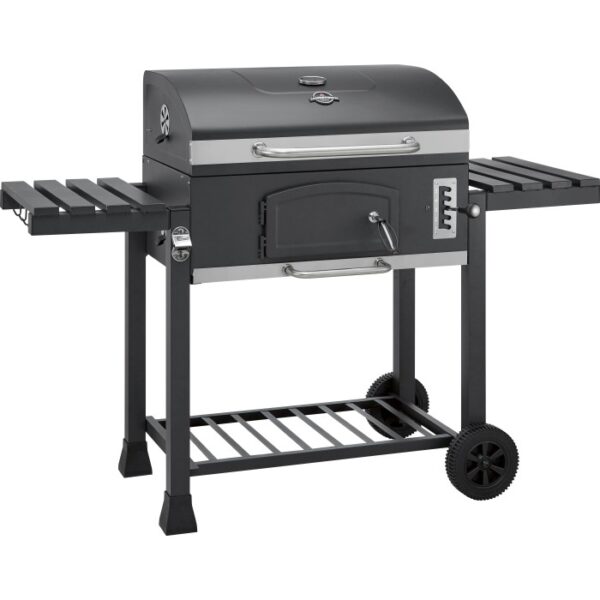 Barbecue a carbone Jamestown Jaxon XL con griglia modulare e tavolini laterali.