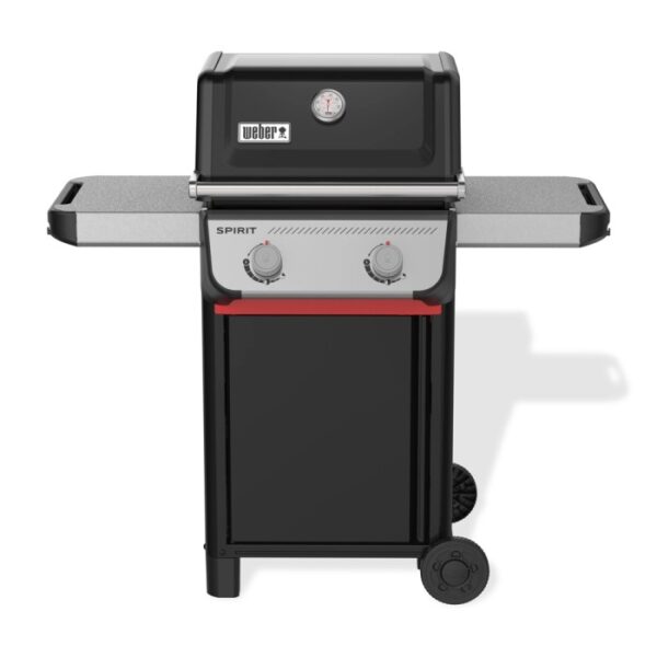 Barbecue a gas t.b.t. nero con due bruciatori e tavolini laterali.