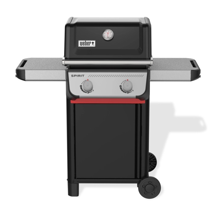 Barbecue a gas t.b.t. nero con due bruciatori e tavolini laterali.