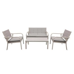 Set di mobili da giardino t.b.t. grigio con divanetto, due sedie e tavolo.