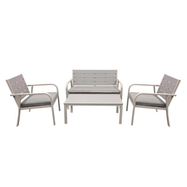 Set di mobili da giardino t.b.t. grigio con divanetto, due sedie e tavolo.