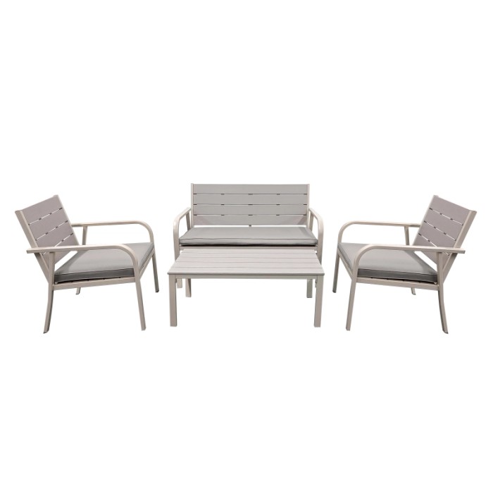 Set di mobili da giardino t.b.t. grigio con divanetto, due sedie e tavolo.