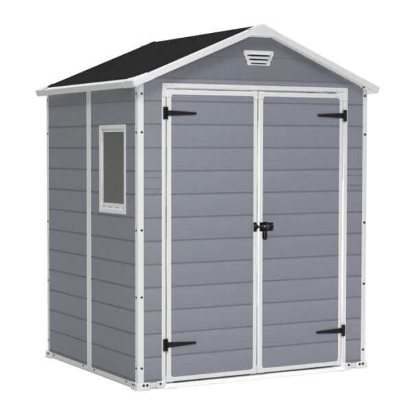 Casetta da giardino Keter Manor 65DD, grigio-bianca, con doppia porta e finestra. Ideale per riporre gli oggetti in giardino.