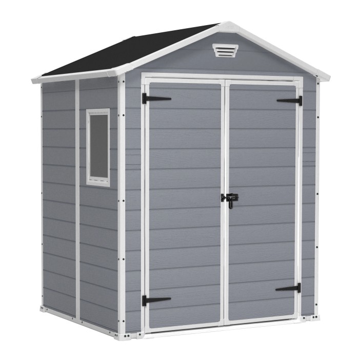 Casetta da giardino Keter Manor 65DD, grigio-bianca, con doppia porta e finestra. Ideale per riporre gli oggetti in giardino.