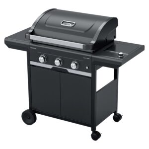 Barbecue a gas t.b.t. nero con tre bruciatori e mobiletto.