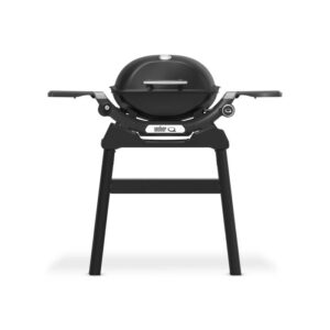 Barbecue a gas t.b.t. nero con tavolini laterali per grigliate rilassate.