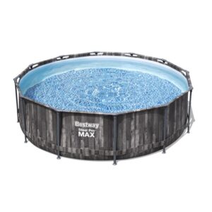 Piscina rotonda t.b.t. con struttura in acciaio e effetto legno per il giardino.