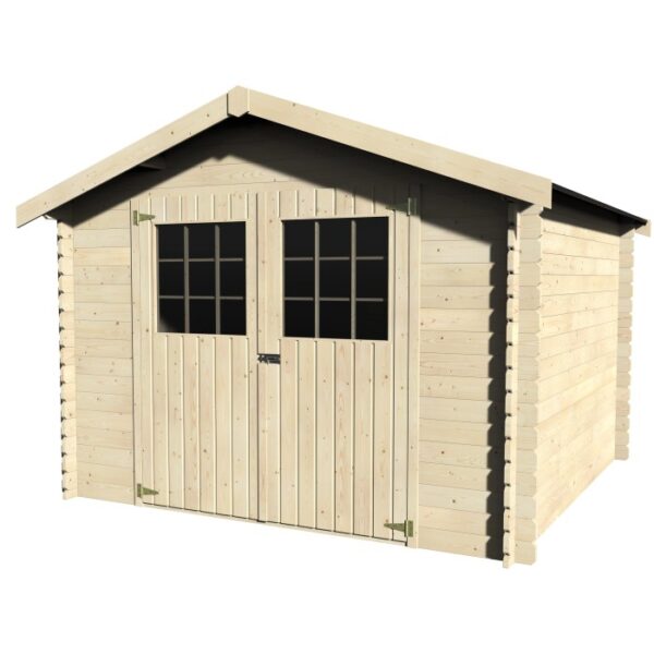 Casetta da giardino in legno con doppia porta e finestre, finitura naturale.