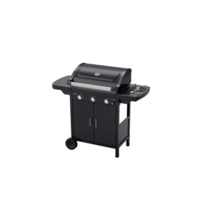 Barbecue a gas nero con coperchio, tavolo laterale e mobile base. Ideale per il barbecue.