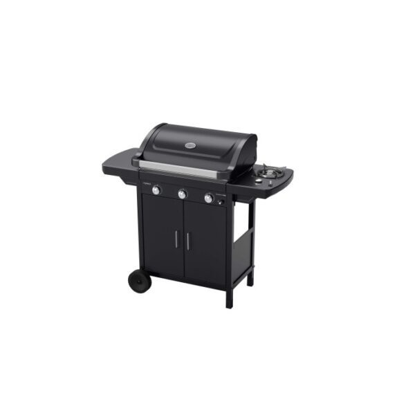 Barbecue a gas nero con coperchio, tavolo laterale e mobile base. Ideale per il barbecue.