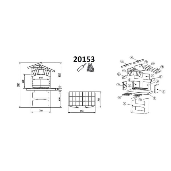Disegno tecnico del barbecue in muratura t.b.t. con dimensioni e parti.