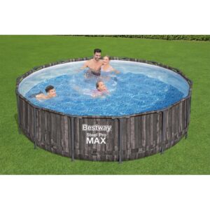 Piscina rotonda Bestway Steel Pro Max effetto legno con famiglia in acqua.