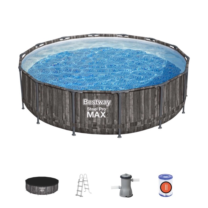 Piscina rotonda Bestway Frame con accessori come scala, copertura e pompa filtro.