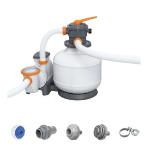 Sistema di filtraggio a sabbia t.b.t. per piscine, composto da filtro, pompa e accessori.