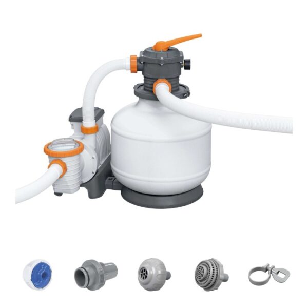 Sistema di filtraggio a sabbia t.b.t. per piscine, composto da filtro, pompa e accessori.