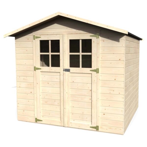 Casetta da giardino in legno con doppia porta e finestre. Ideale per riporre gli attrezzi da giardino.