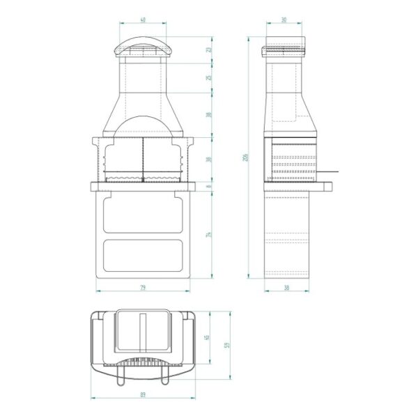 Disegno tecnico di un barbecue in muratura con dimensioni.
