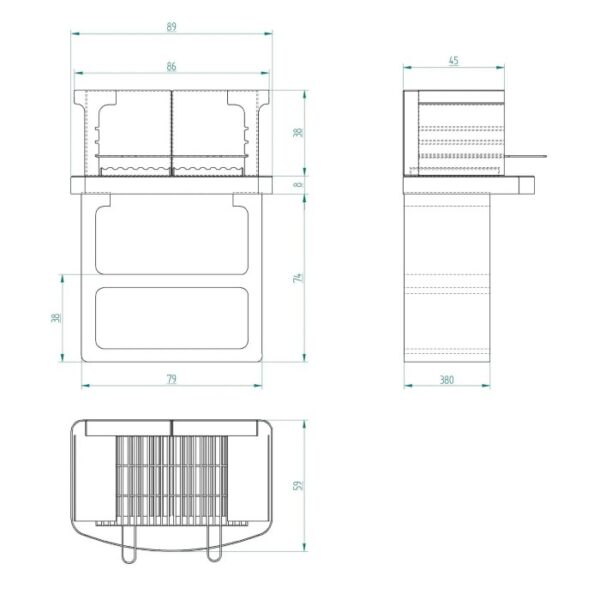 Disegno tecnico del barbecue in muratura t.b.t. con dimensioni.