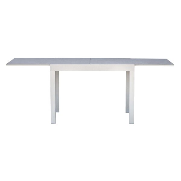 Tavolo da giardino allungabile con piano grigio e struttura bianca.