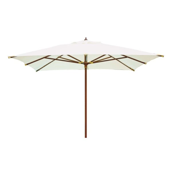 Ombrellone t.b.t. con struttura in legno e telo bianco.